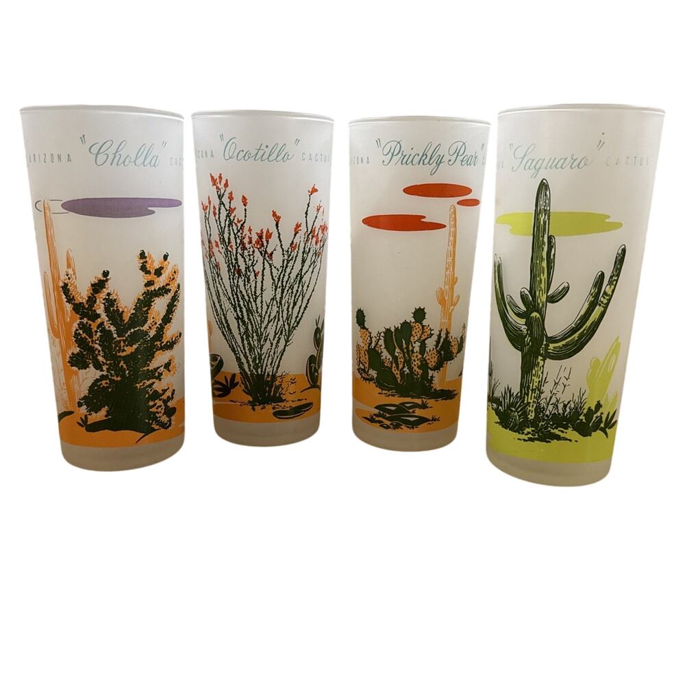 Vtg 1950s Blakely Oil Gas Arizona Cactus Frosted Highball Glasses Tumblers Set 4